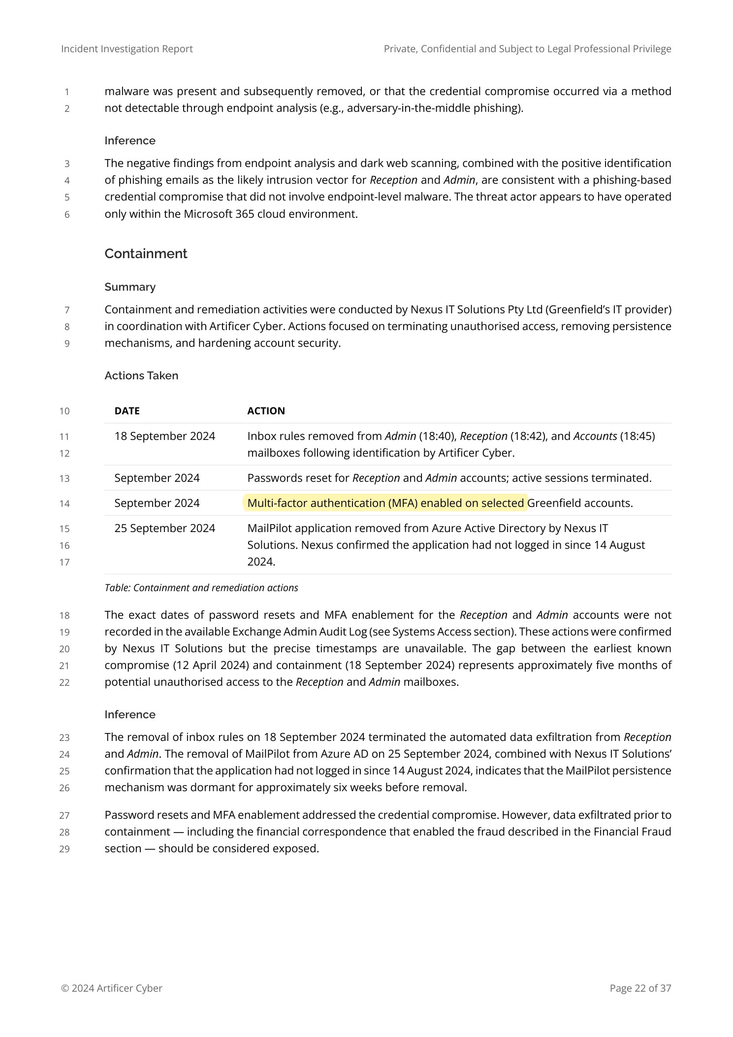 Report excerpt with the MFA-enabled containment entry highlighted