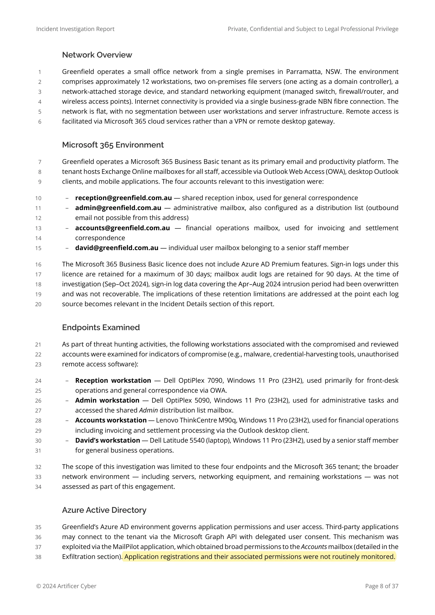 Report excerpt with the AAD monitoring passage highlighted