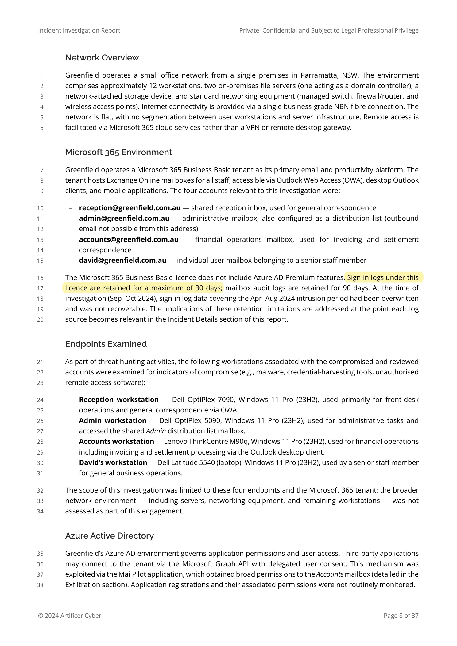 Report excerpt with the M365 environment passage highlighted