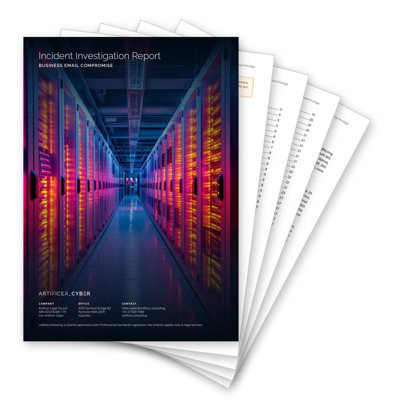 Fanned-out pages of a sample forensic report